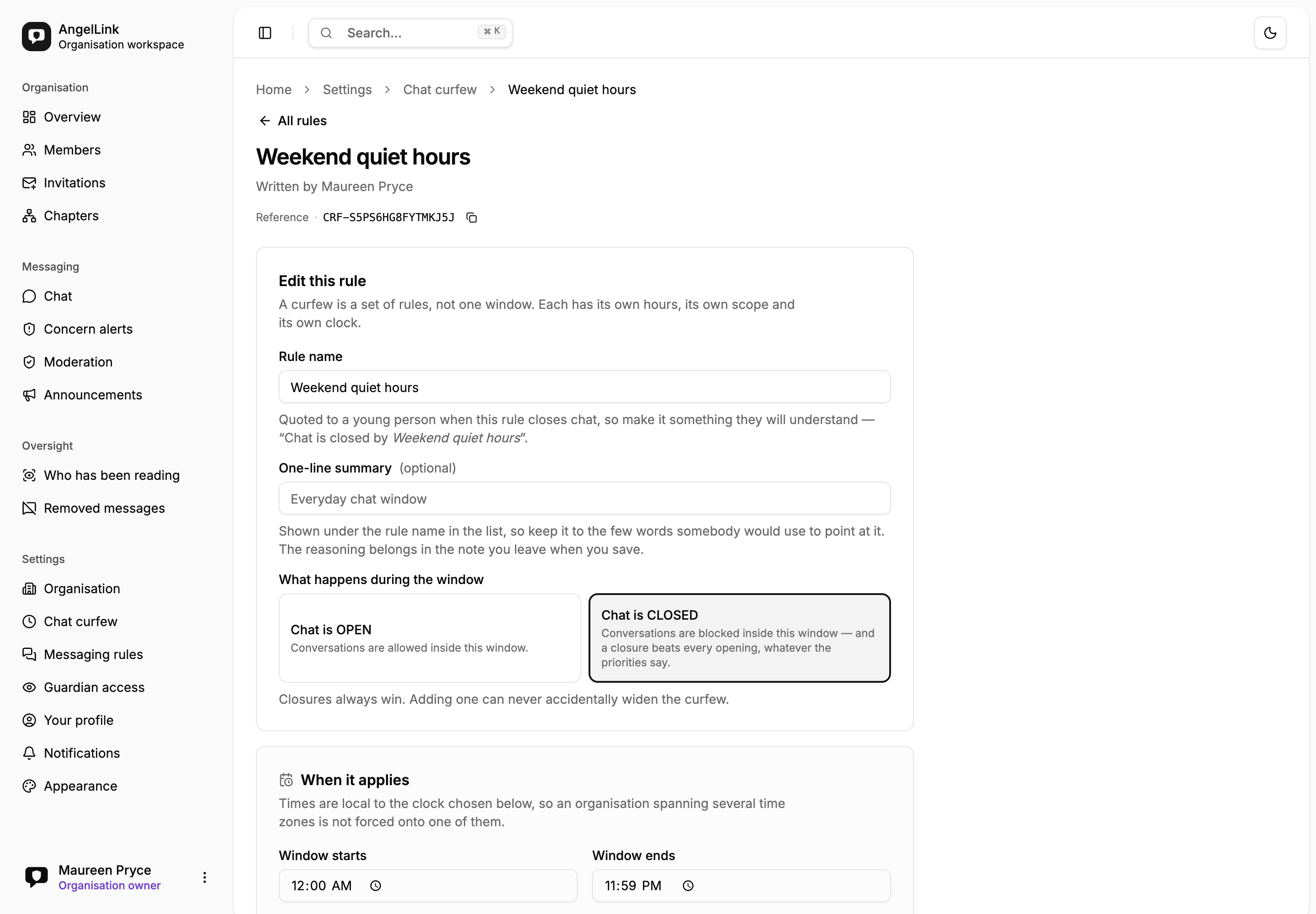 The rule “Weekend quiet hours” open for editing. It shows who wrote it, a copyable reference code, the rule name with a note that the name is quoted to a young person when the rule closes chat, a choice between “Chat is OPEN” and “Chat is CLOSED” with the closed option selected and the line “Closures always win. Adding one can never accidentally widen the curfew.”, and the window start and end times.