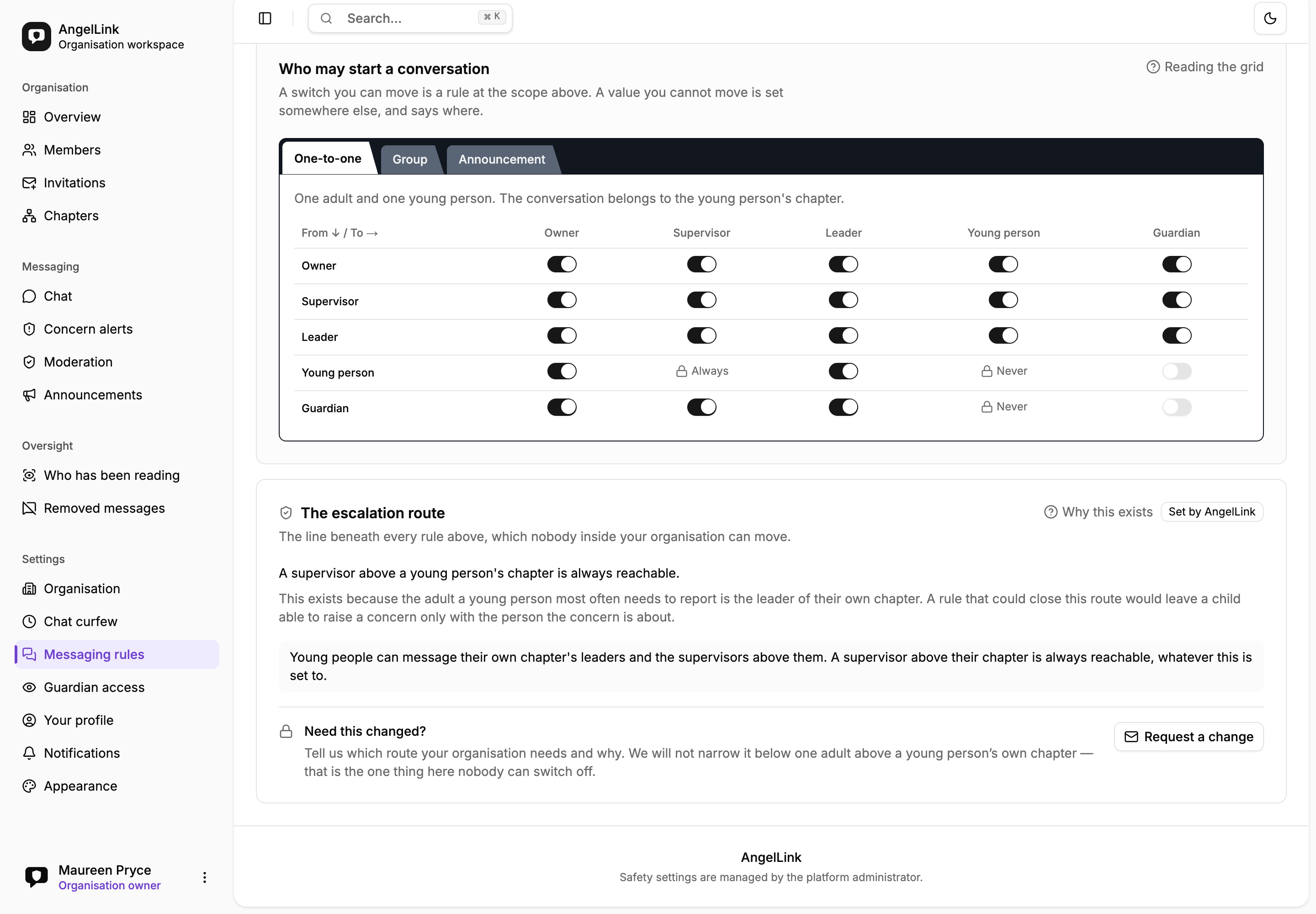 The card headed “The escalation route”, marked “Set by AngelLink”, sitting directly beneath the permission grid. It reads “A supervisor above a young person’s chapter is always reachable”, explains that the adult a young person most often needs to report is the leader of their own chapter, and ends with “Need this changed?” beside a Request a change button.